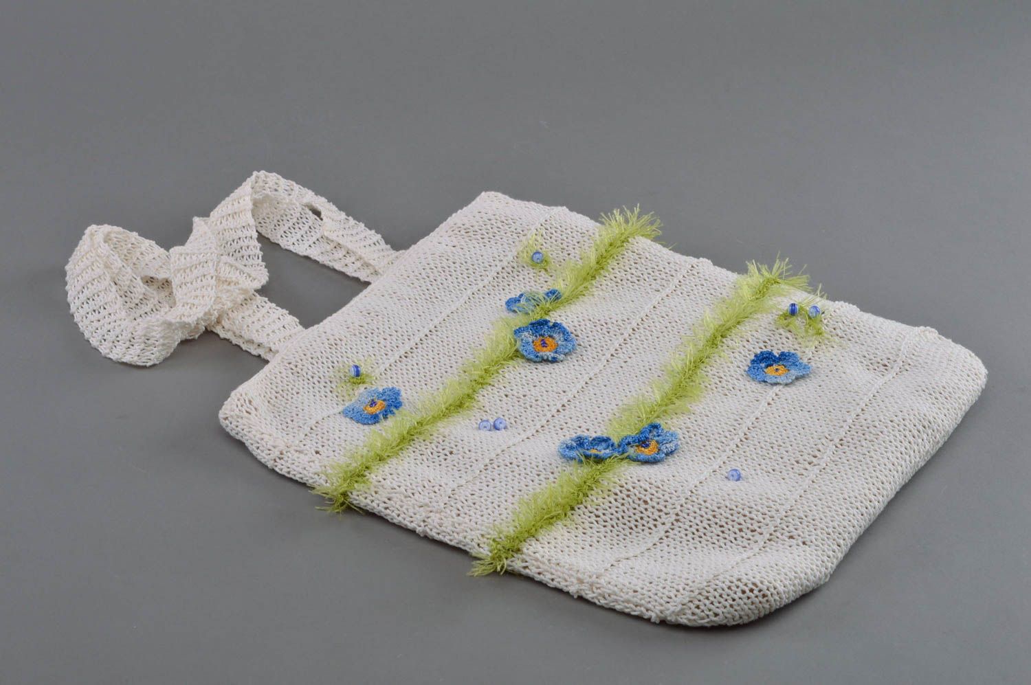 Knitted shoulder bag made of cotton roomy female handmade designer purse photo 1
