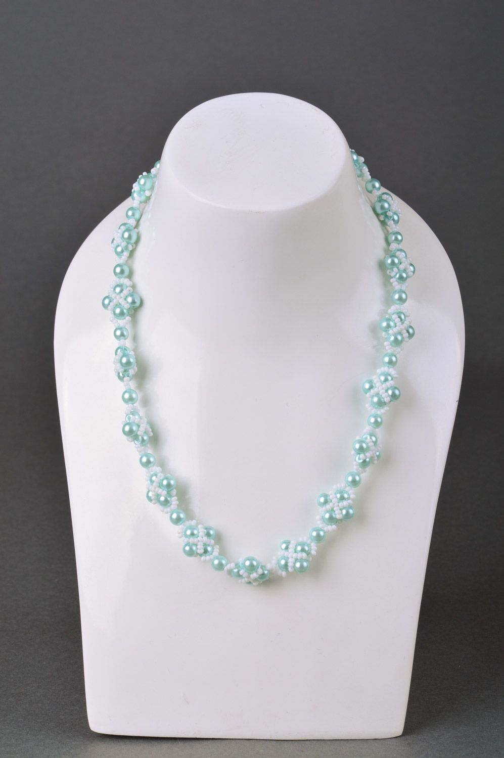 Handmade tender necklace woven of white and blue beads of different sizes photo 1