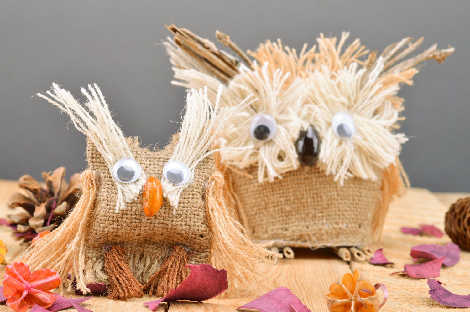 Set of 2 handmade souvenir toys sewn of burlap Owl with owlet for interior decor photo 3