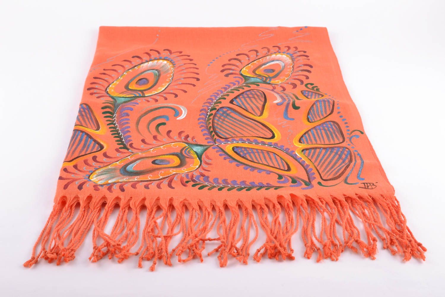 Women's long painted cashmere scarf with fringe photo 2