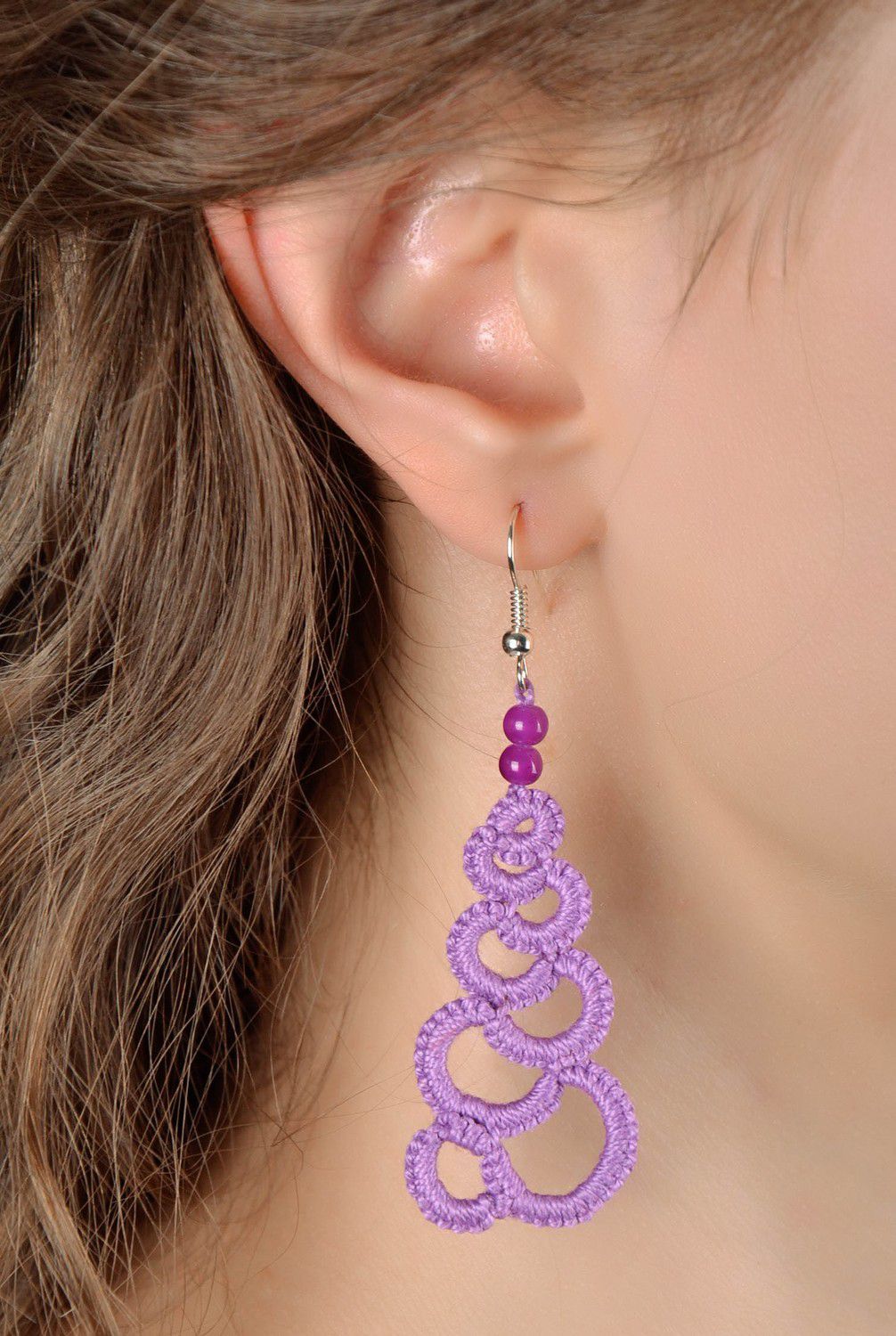 Lilac earrings made from woven lace photo 4