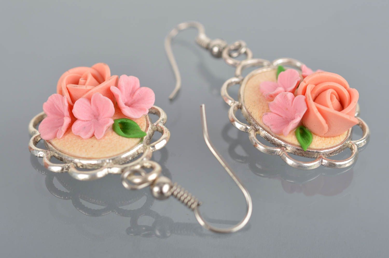 Oval earrings with charms made of polymer clay in the form of flowers hand made photo 5
