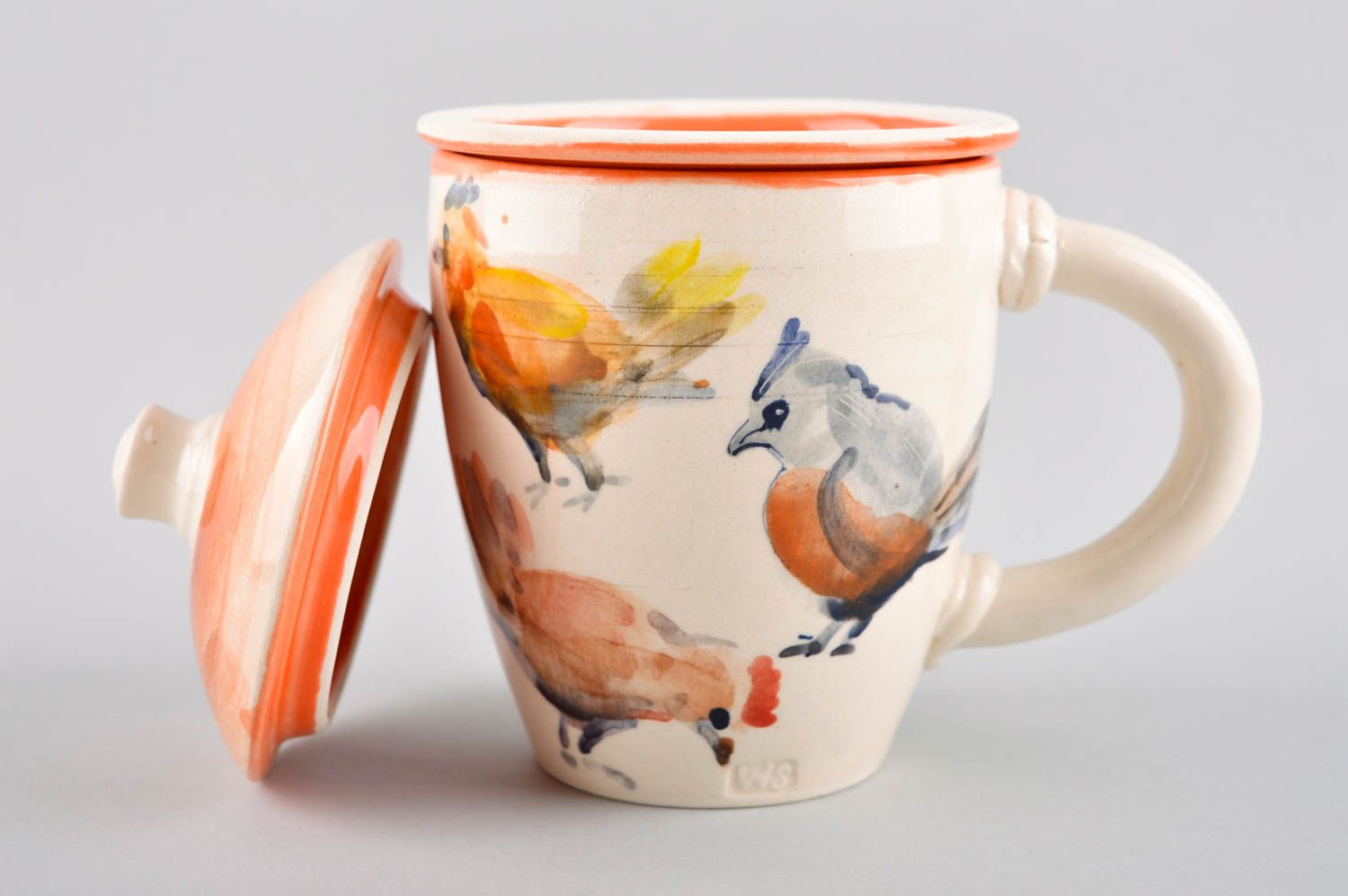 Ceramic coffee or tea cup with lind and art style bird painting photo 3