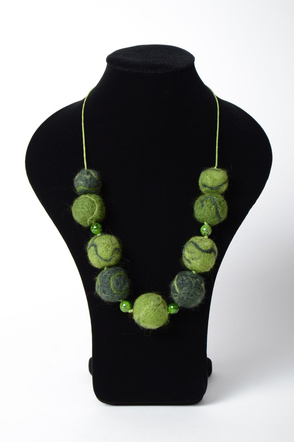 Handmade designer large beaded necklace made of wool using the technique of needle felting in green color photo 5