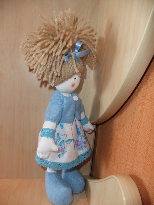 Handmade fabric doll in blue dress for gift photo 1