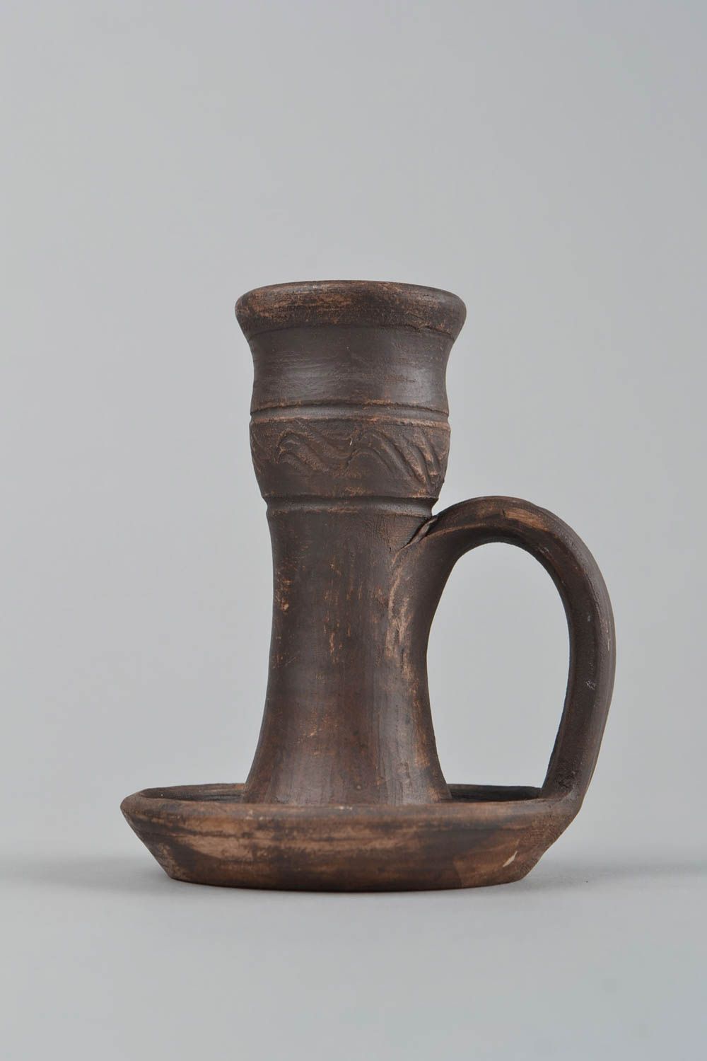 Handmade dark brown ethnic ceramic candlestick with handle polished  photo 5