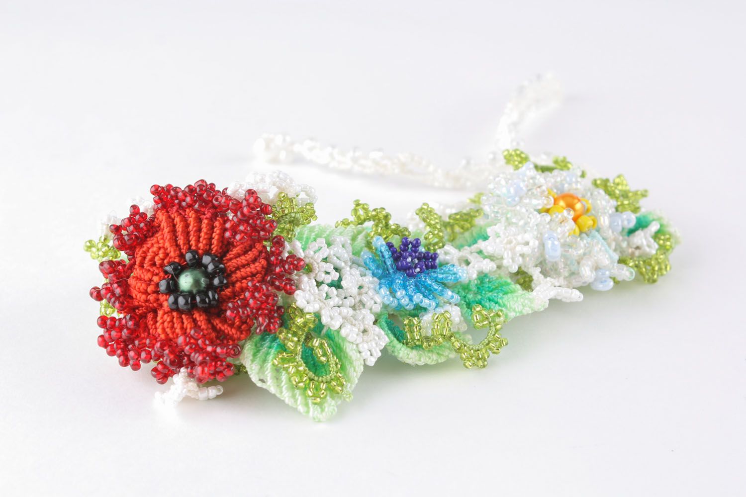 Necklace made of threads and beads Flowers photo 2