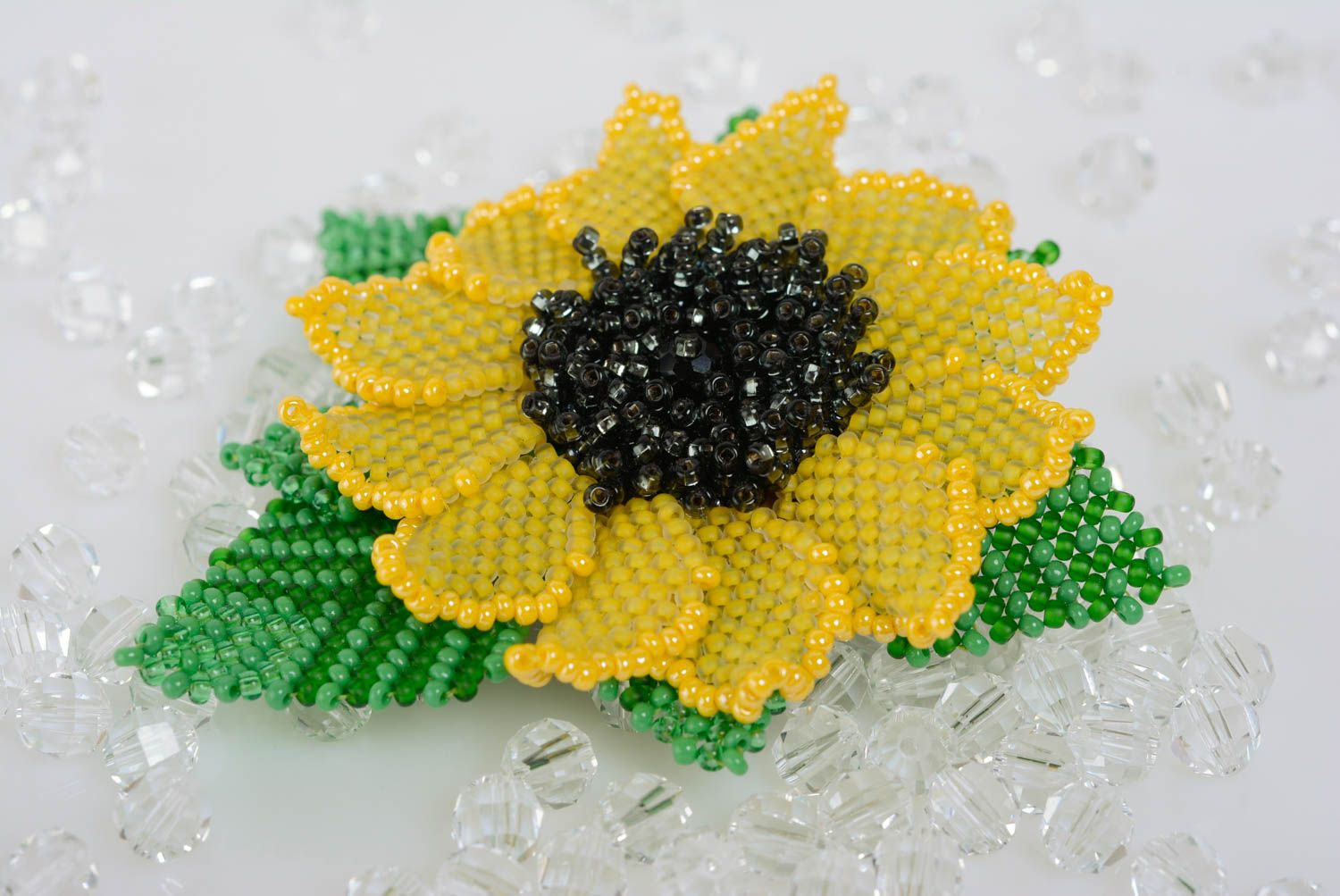 Bright beaded brooch in the form of sunflower woven manually summer accessory photo 1