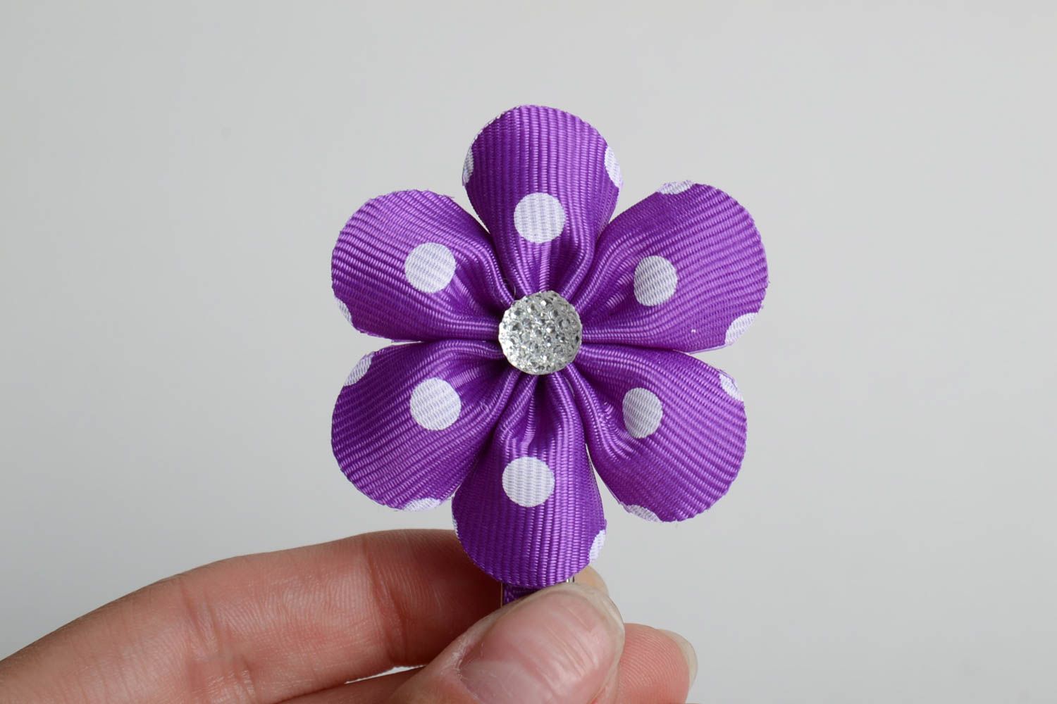 Handmade hair clip with metal basis and violet ribbon flower with rhinestone photo 5