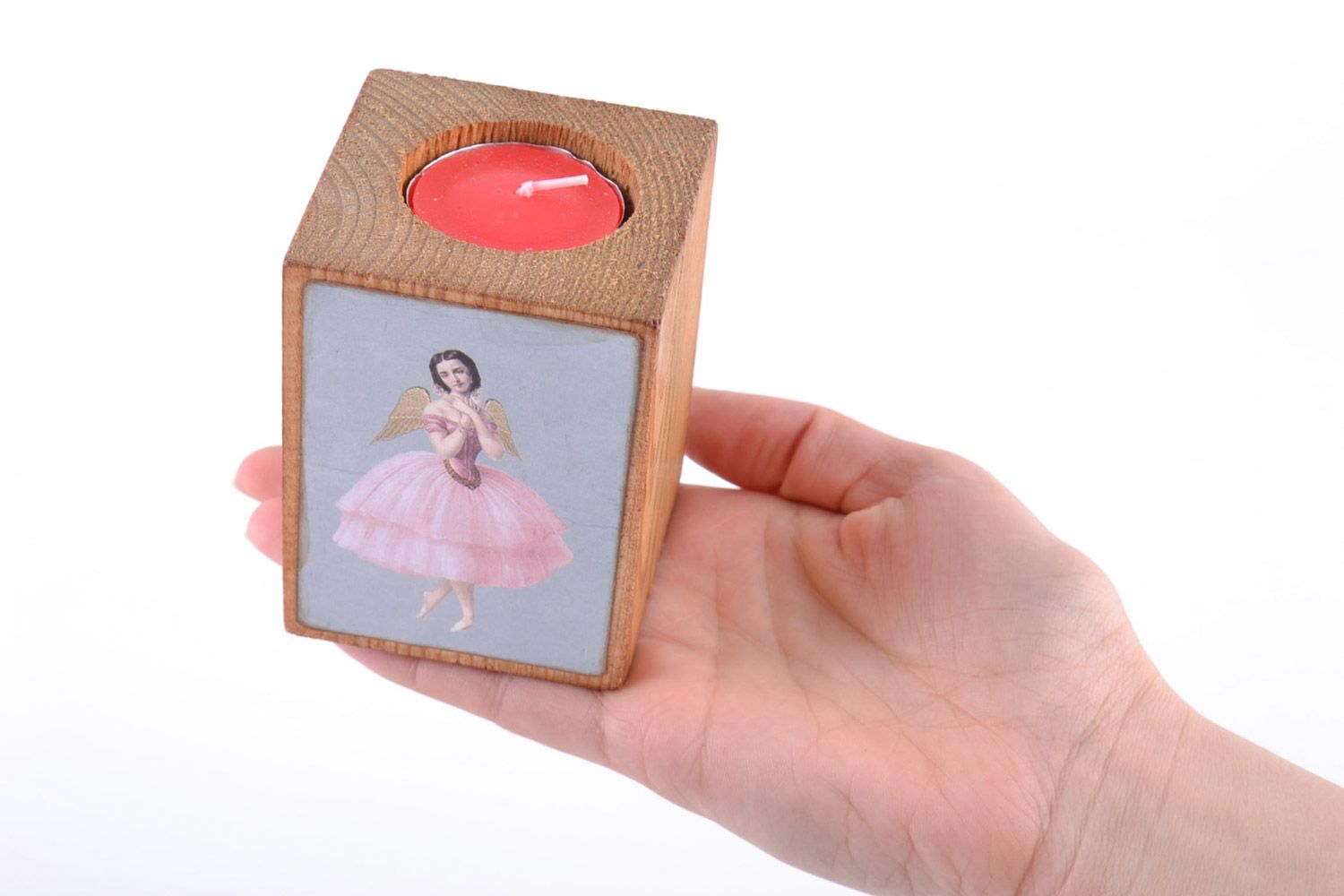 Light handmade wooden holder for one tablet candle with picture photo 2