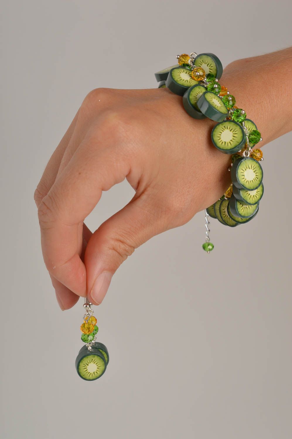 Wrist bracelet fashion earrings polymer clay jewelry green kiwi women jewelry  photo 2