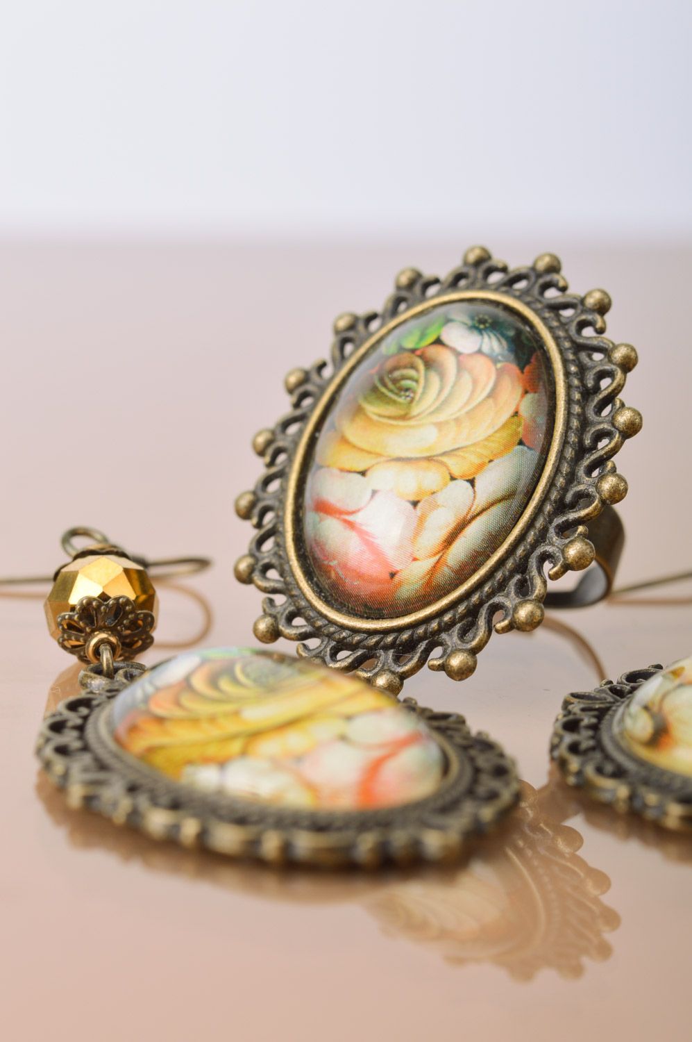 Handmade metal jewelry set 2 items long earrings and ring Vintage photo 5