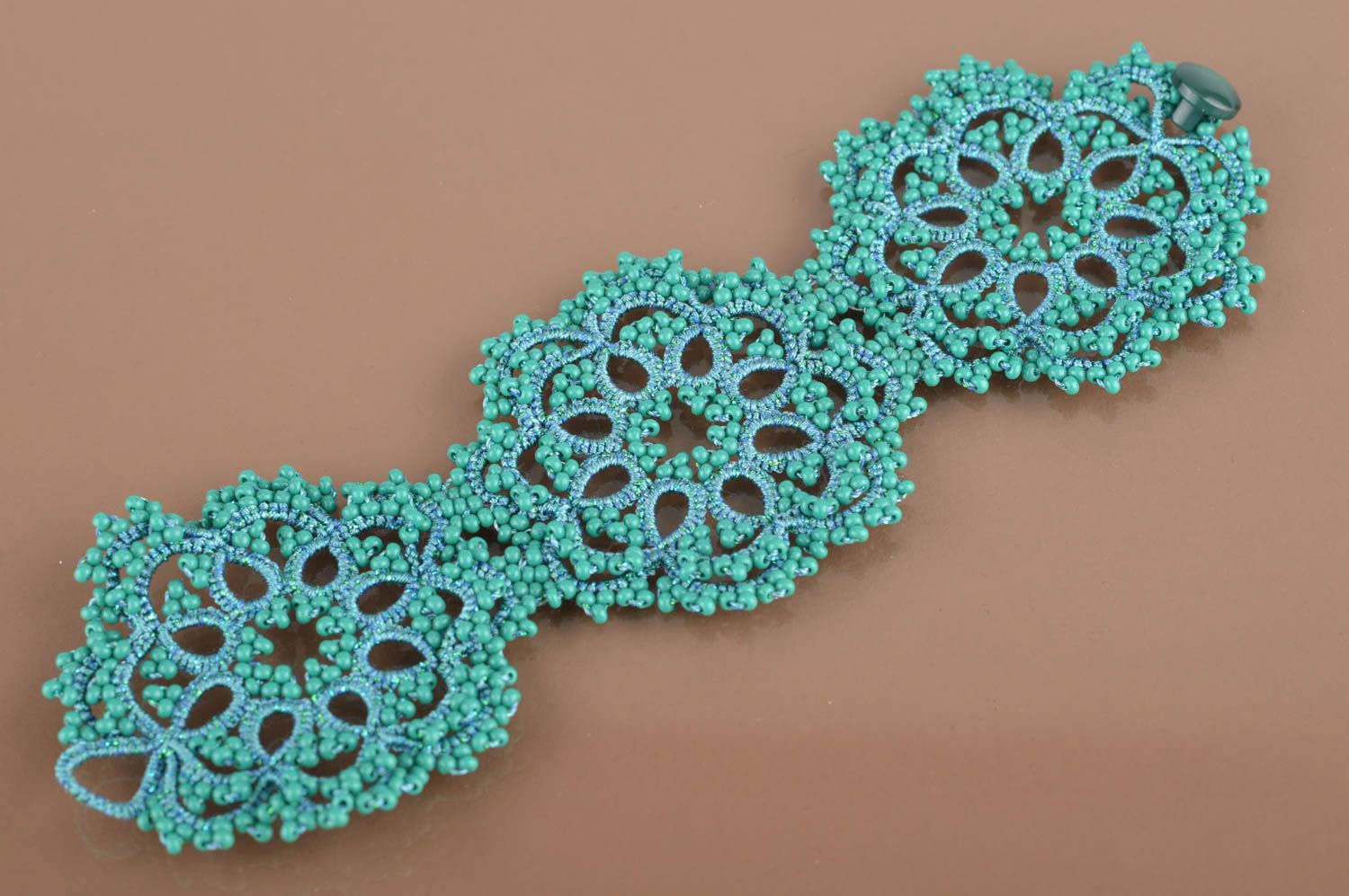 Beautiful handmade wide tatted lace bracelet of turquoise color with beads photo 2