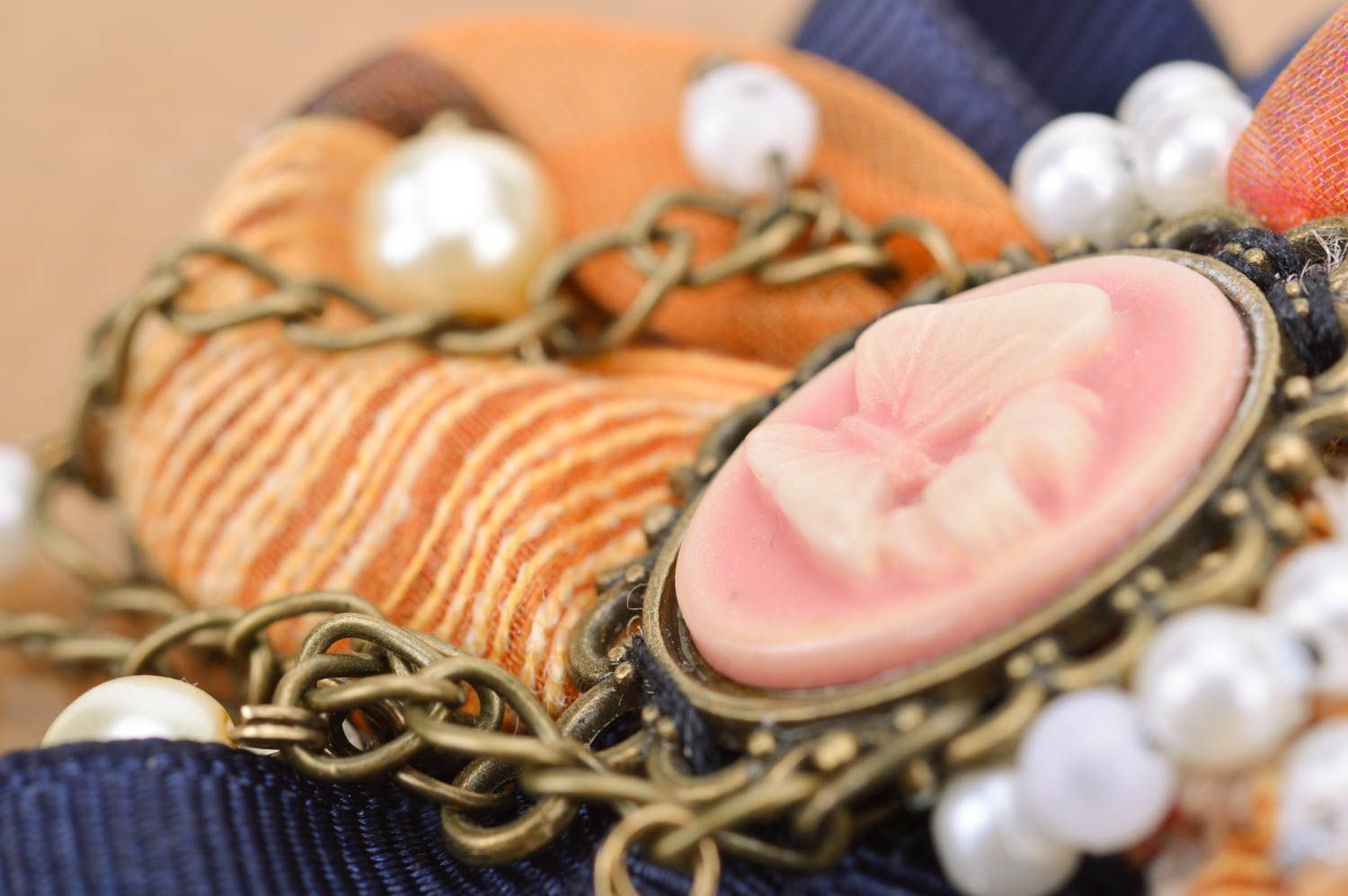 Textile satin ribbon handmade brooch with beads beautiful stylish accessory photo 4