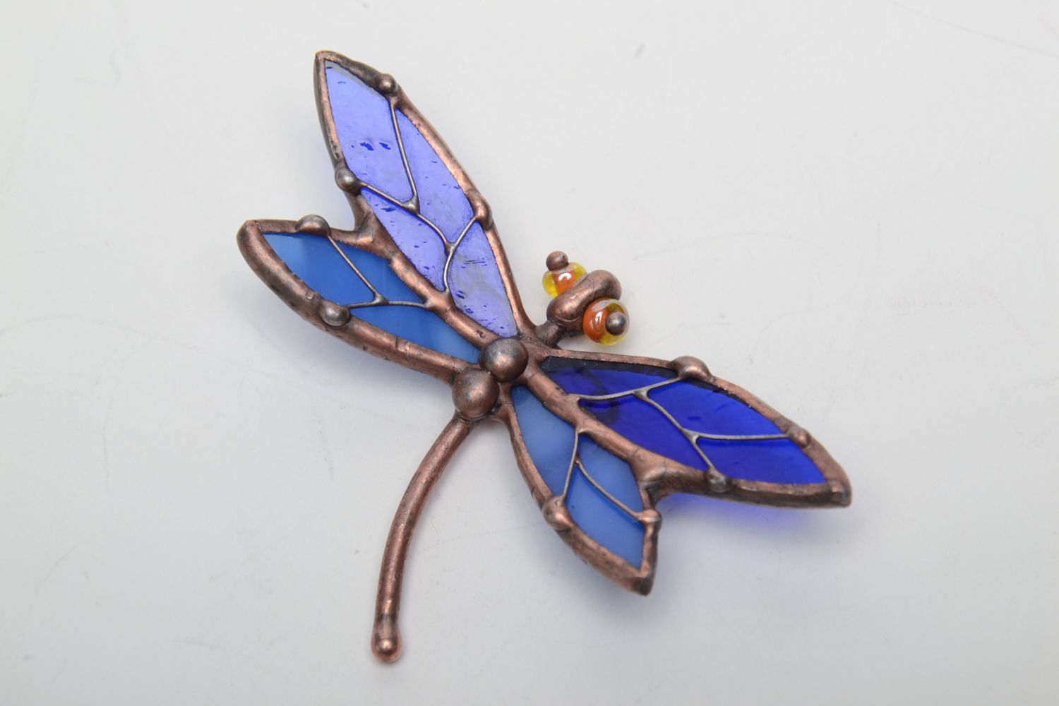 Stained glass brooch in the shape of blue dragonfly photo 3