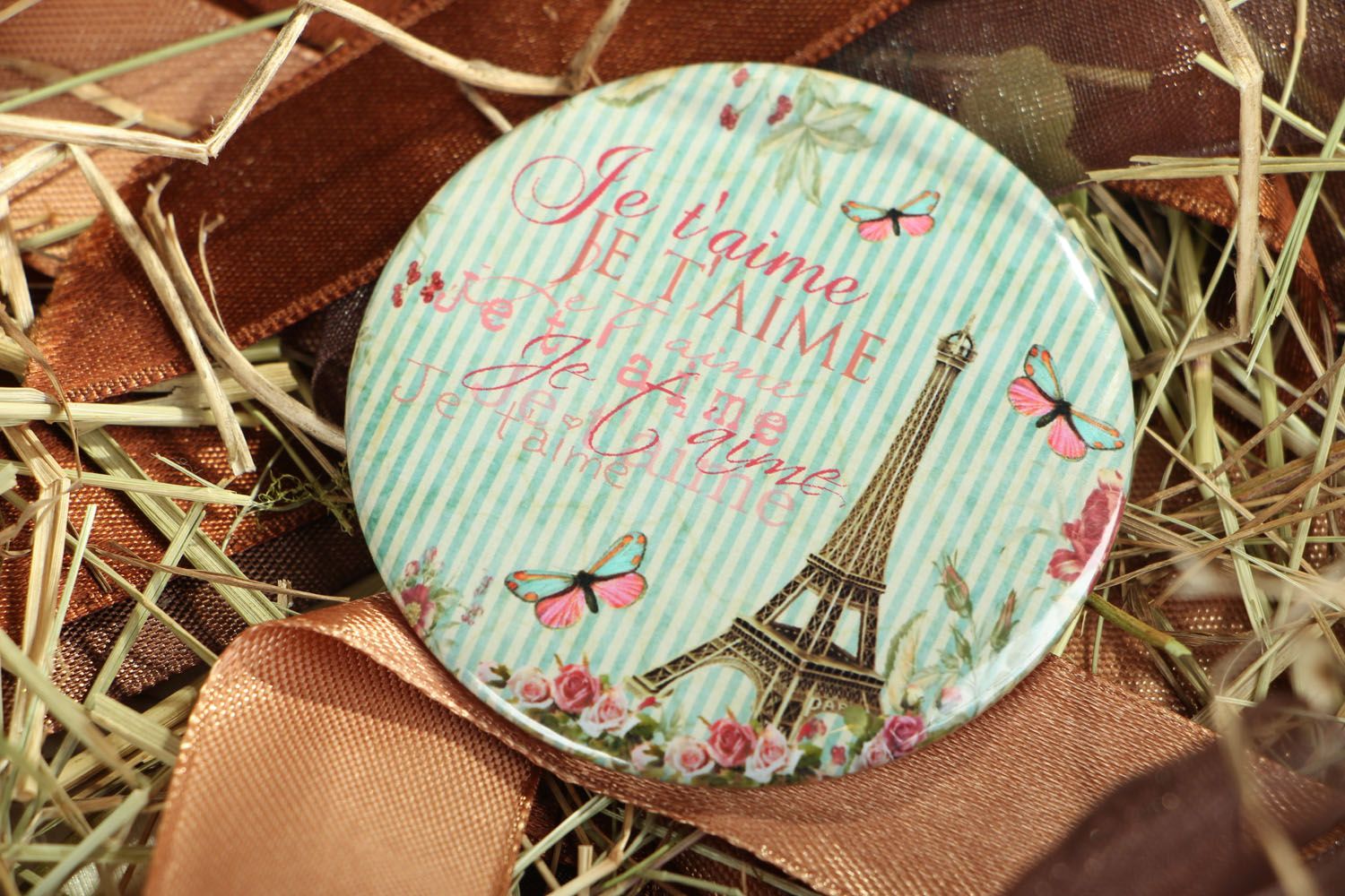 Miroir de poche fait main accessoire original pour fille avec image J'aime Paris photo 4