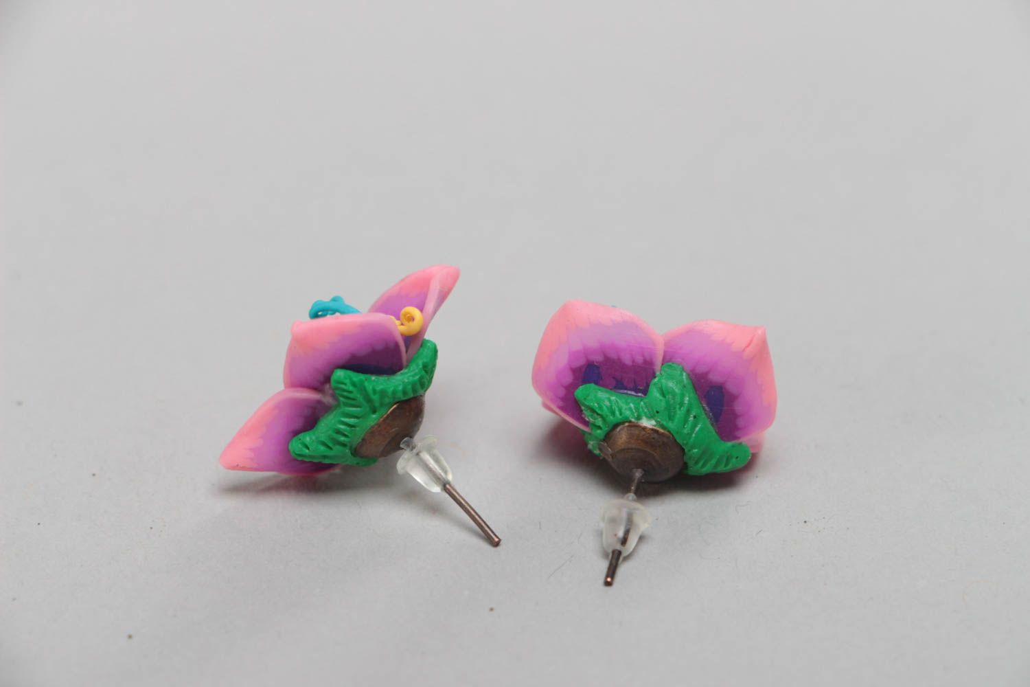 Bright stud earrings made of polymer clay Flowers handmade designer jewelry photo 4