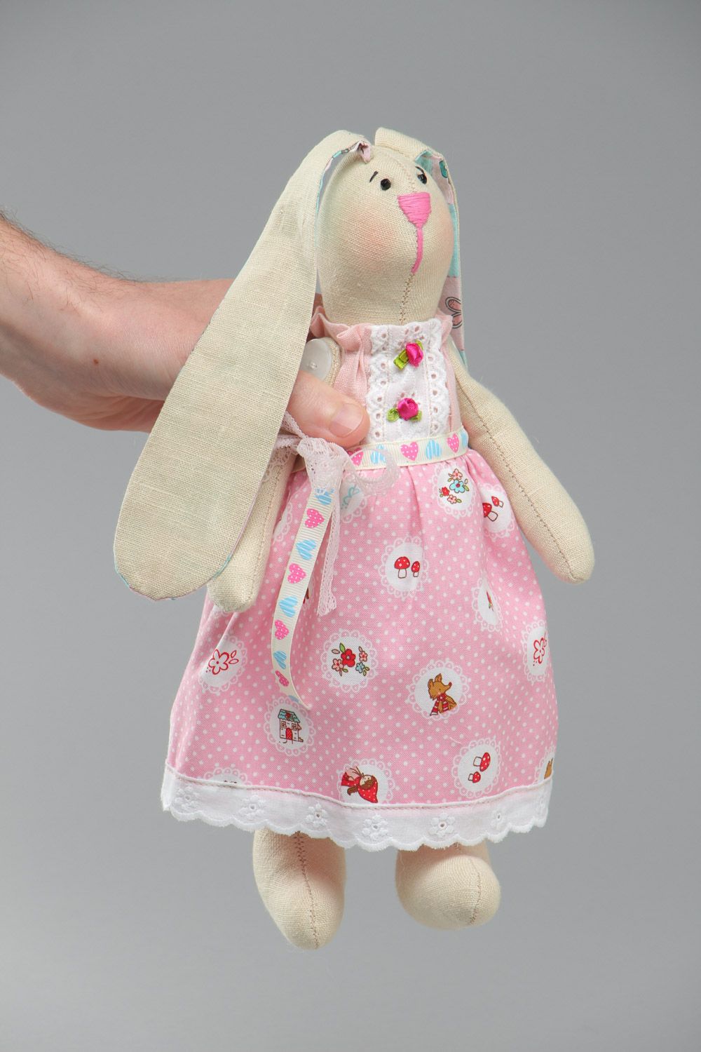 Handmade decorative soft toy sewn of cotton Rabbit in beautiful pink dress photo 5