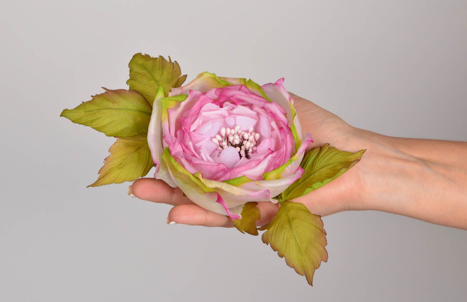 Broche fleur faite main Barrette cheveux pivoine rose Accessoire femme photo 5