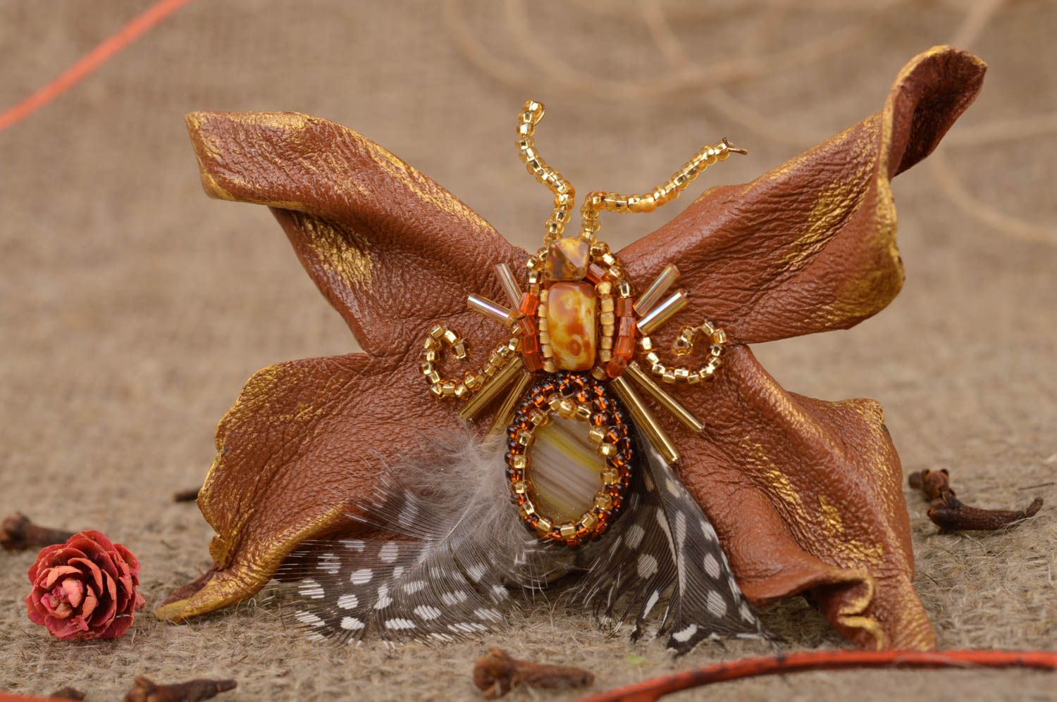 Handmade designer volume brown genuine leather butterfly brooch with feathers photo 1