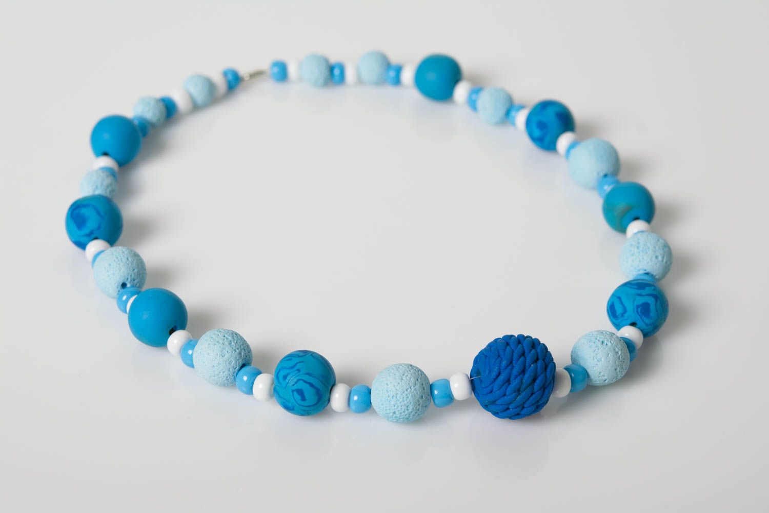 Handmade designer necklace made of polymer clay blue stylish summer accessory photo 1