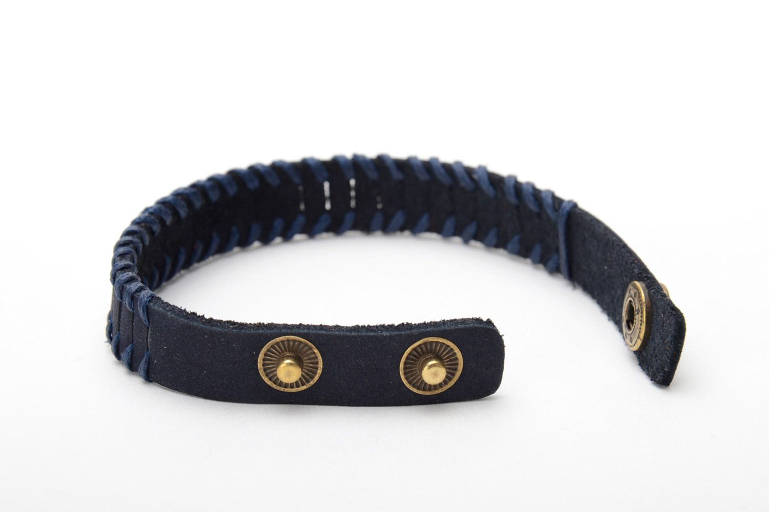 Laconic handmade blue genuine leather wrist bracelet with synthetic cord unisex photo 4