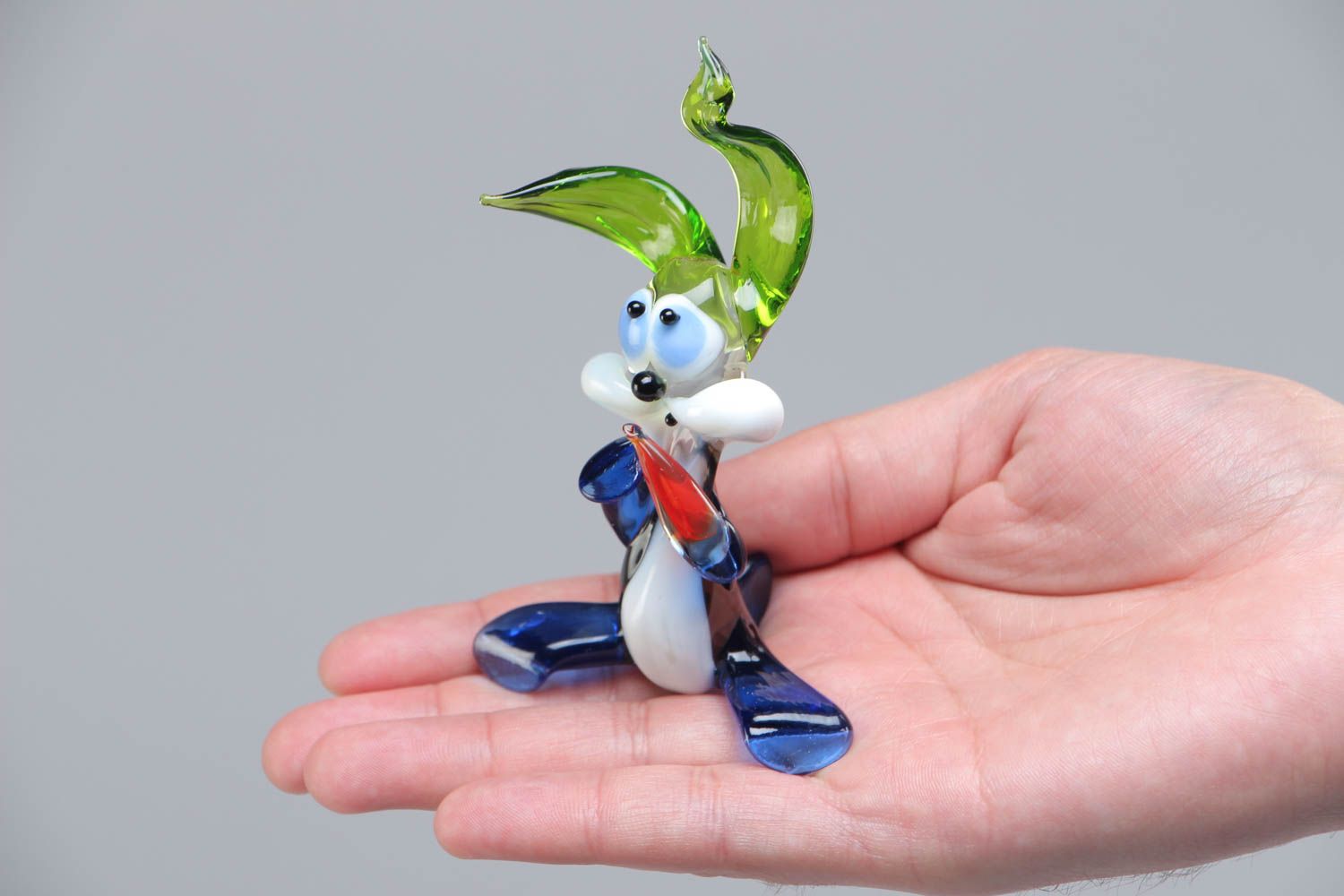 Handmade collectible lampwork glass animal figurine of rabbit with green ears photo 4