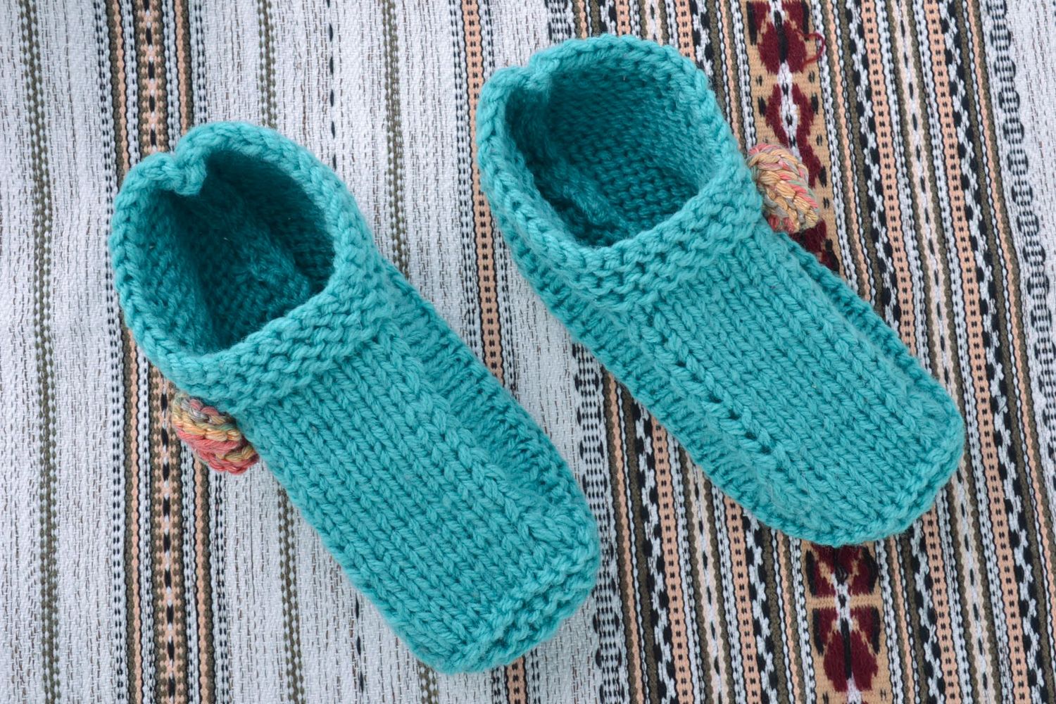 Beautiful handmade knitted warm half-woolen slippers of turquoise color for women photo 1