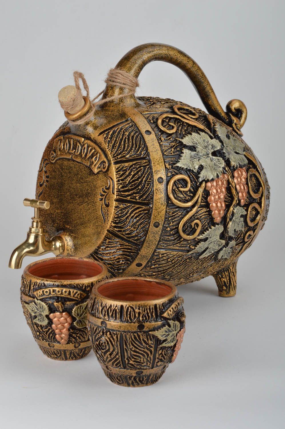 Handmade ceramic drinkware set decorative wine barrel with tap and 2 glasses photo 5