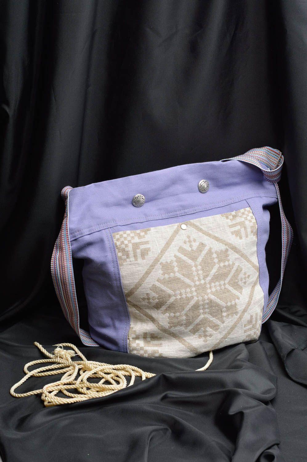 Sac en tissu fait main en lin et coton avec bandoulière avec pochette intérieure photo 1