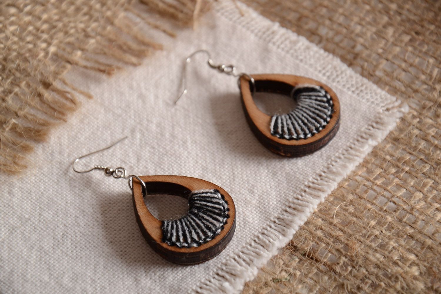 Handmade plywood teardrop-shaped earrings with embroidery in eco style photo 1