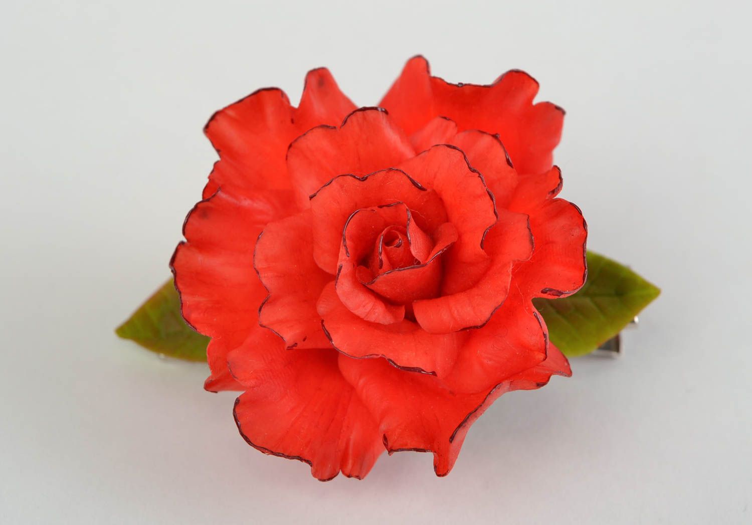 Beautiful homemade cold porcelain flower hair clip in the shape of red rose photo 1