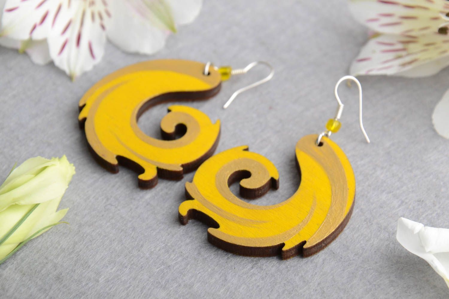 Handmade designer bright painted plywood dangling earrings in yellow color shade photo 1