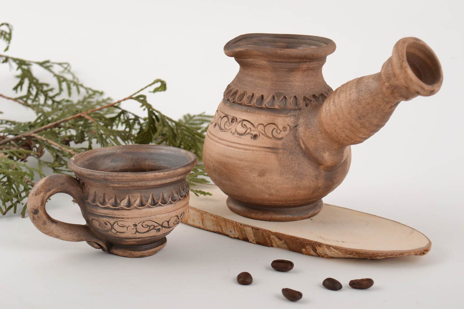 Set of handmade decorative pottery of 8 oz coffee turk and 3 oz coffee cup in Italian style with handle photo 1