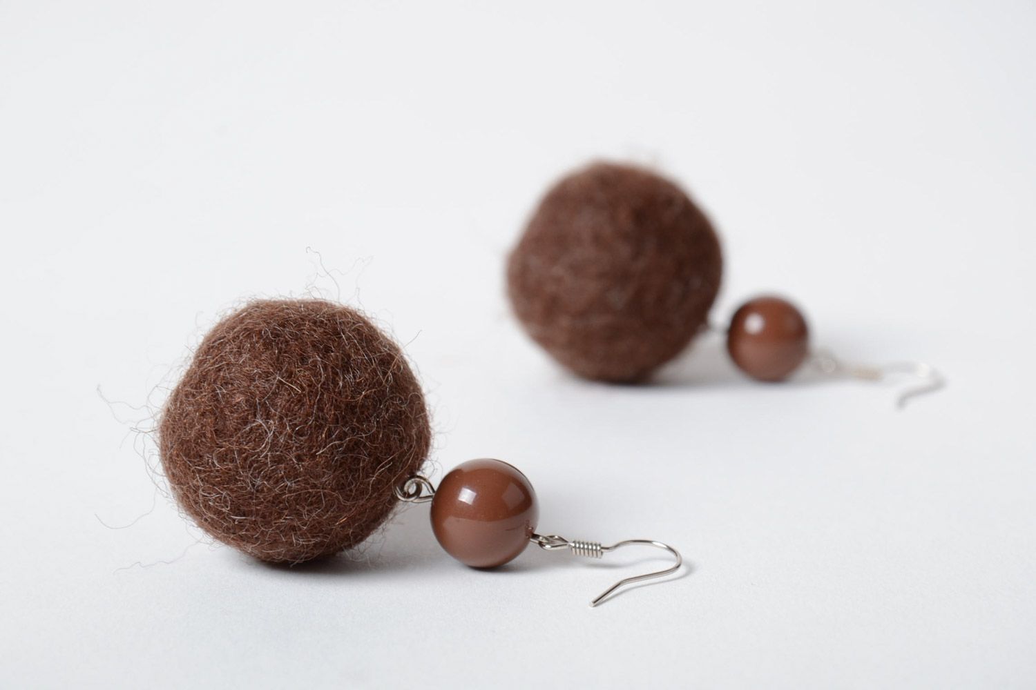 Brown handmade soft felted wool earrings with beads photo 2