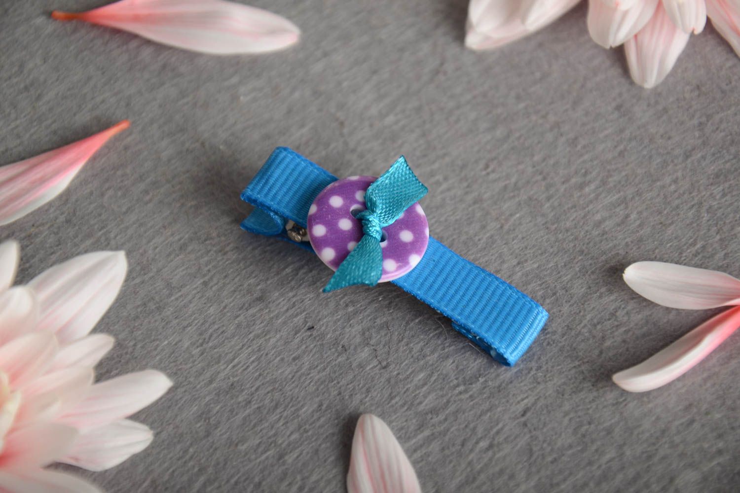 Hairpin for baby made of rep ribbon with blue button handmade hair accessory photo 1