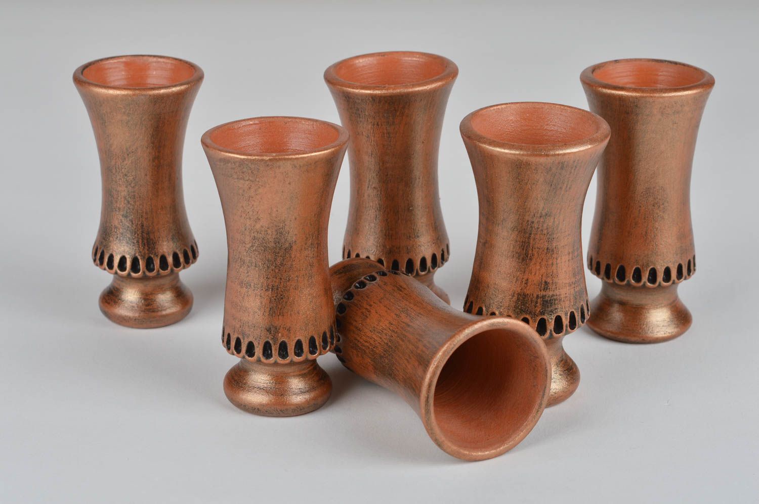 Set of 6 handmade tall ceramic painted shot glasses painted in bronze color photo 5