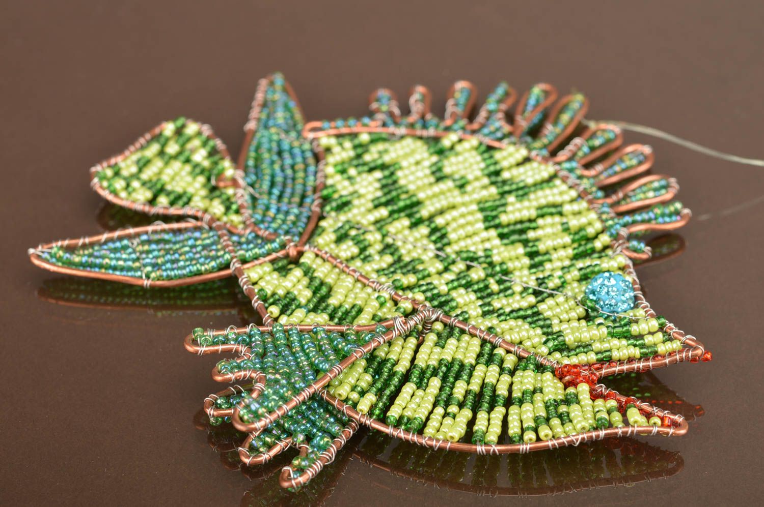 Handmade small beautiful green interior pendant made of beads cute fish photo 5