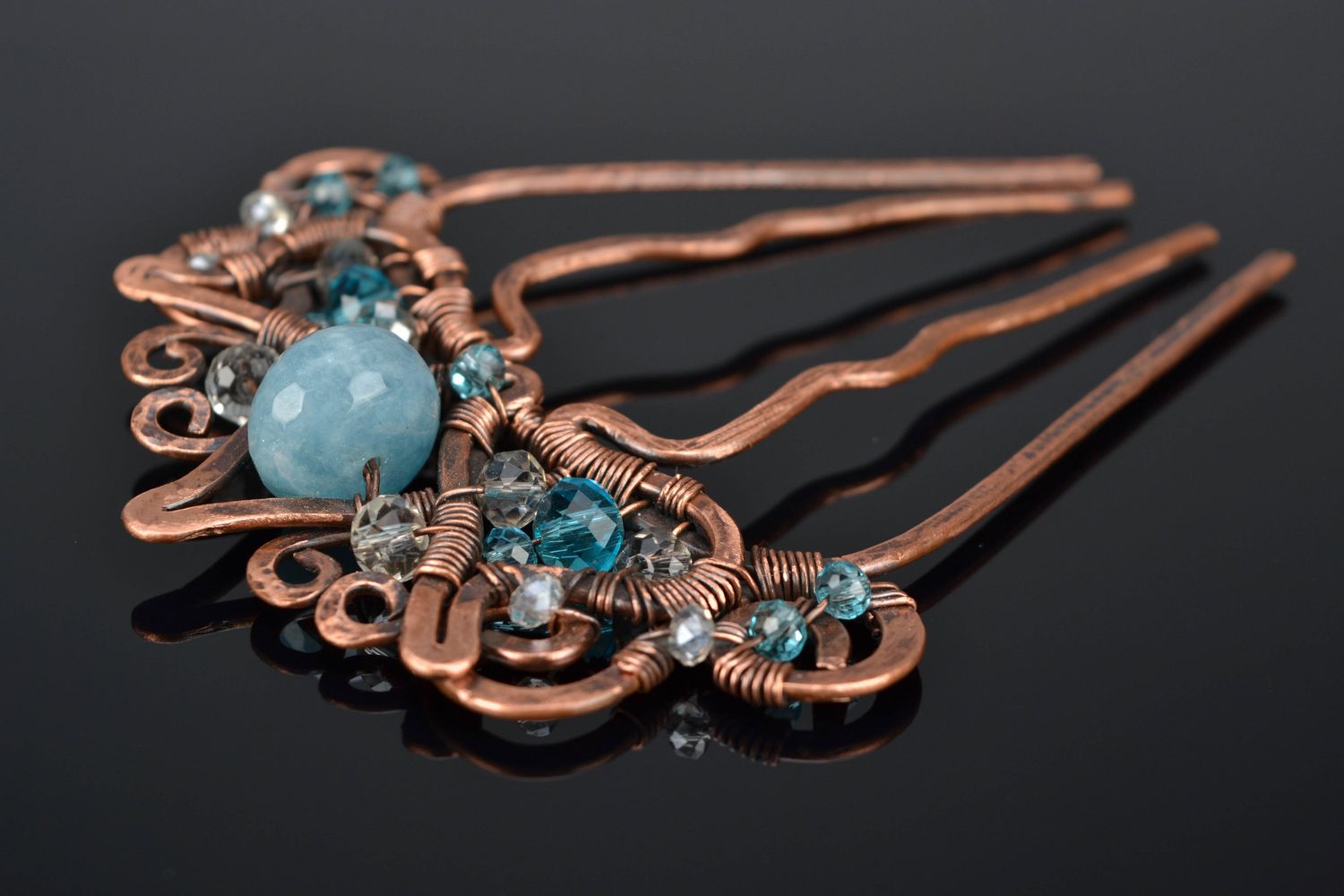 Wire wrap copper hair comb with stones photo 1