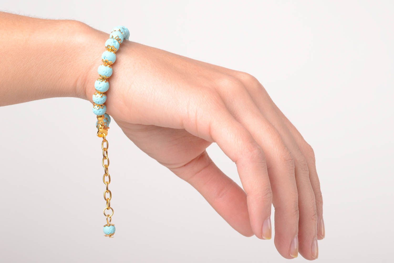Bracelet pate polymere Bijou fait main Accessoire femme bleu clair boules photo 3