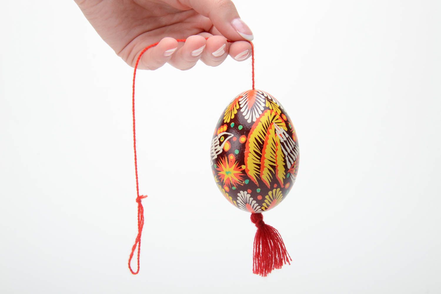 Handmade decorative painted Easter egg ornamented in Lemkiv style with red tassel photo 5