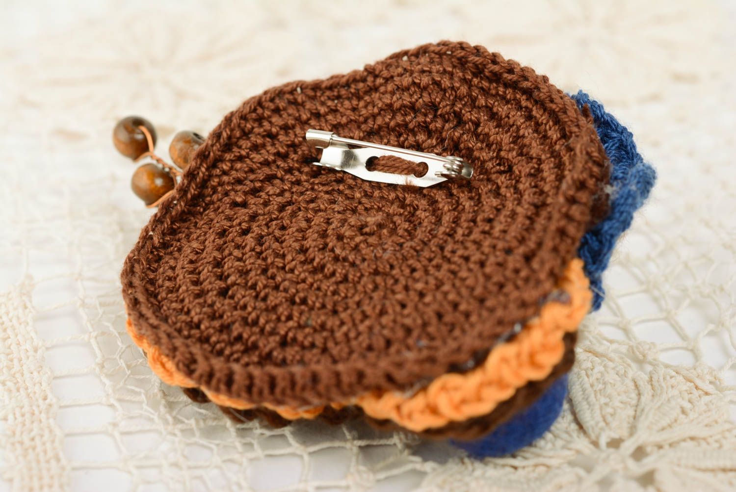 Handmade brooch crocheted of brown and blue woolen threads with wooden beads photo 2