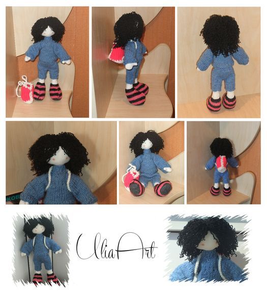 Handmade fabric doll of average size in blue overalls and with backpack photo 1