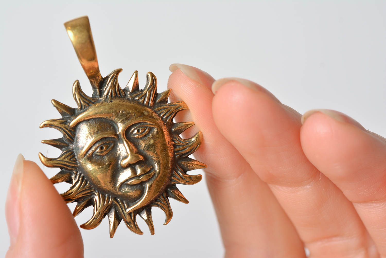 Unisex handmade designer neck pendant cast of bronze Moon and Sun photo 2