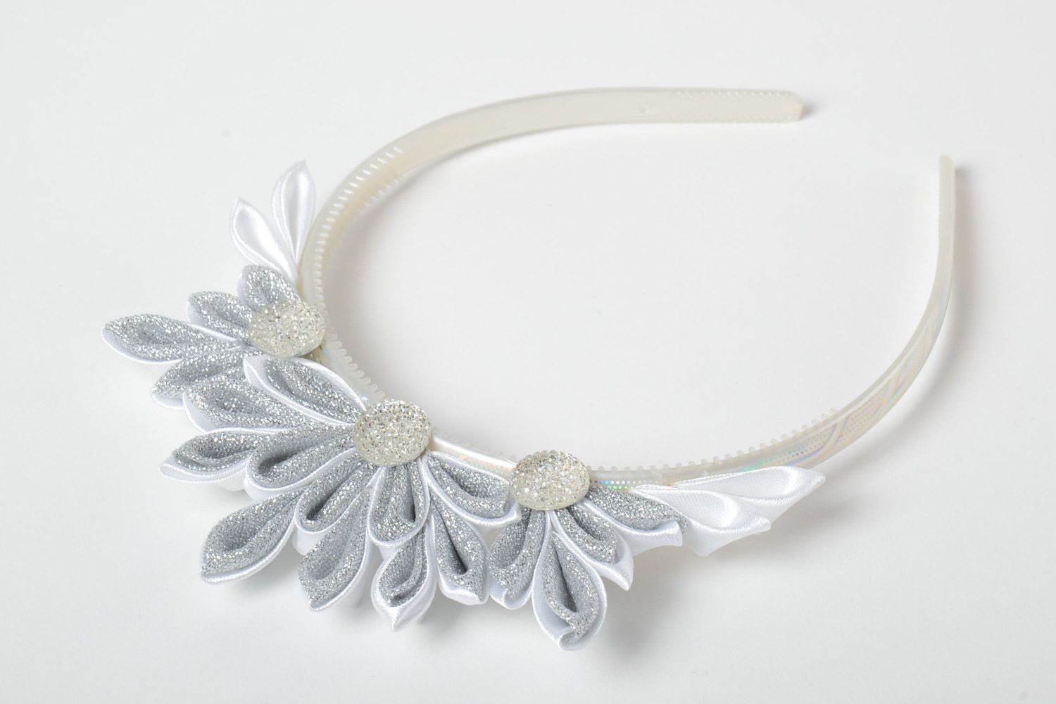 Thin headband with flower hand made of silver ribbons using kanzashi technique photo 2