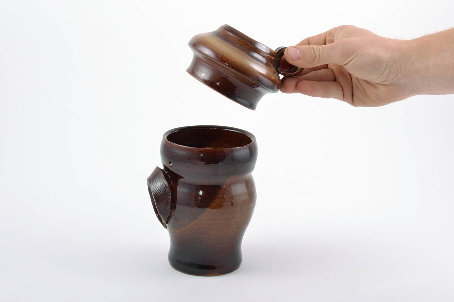 30 oz dark brown glazed ceramic 8-inch pot with two handles 1,7 lb photo 5