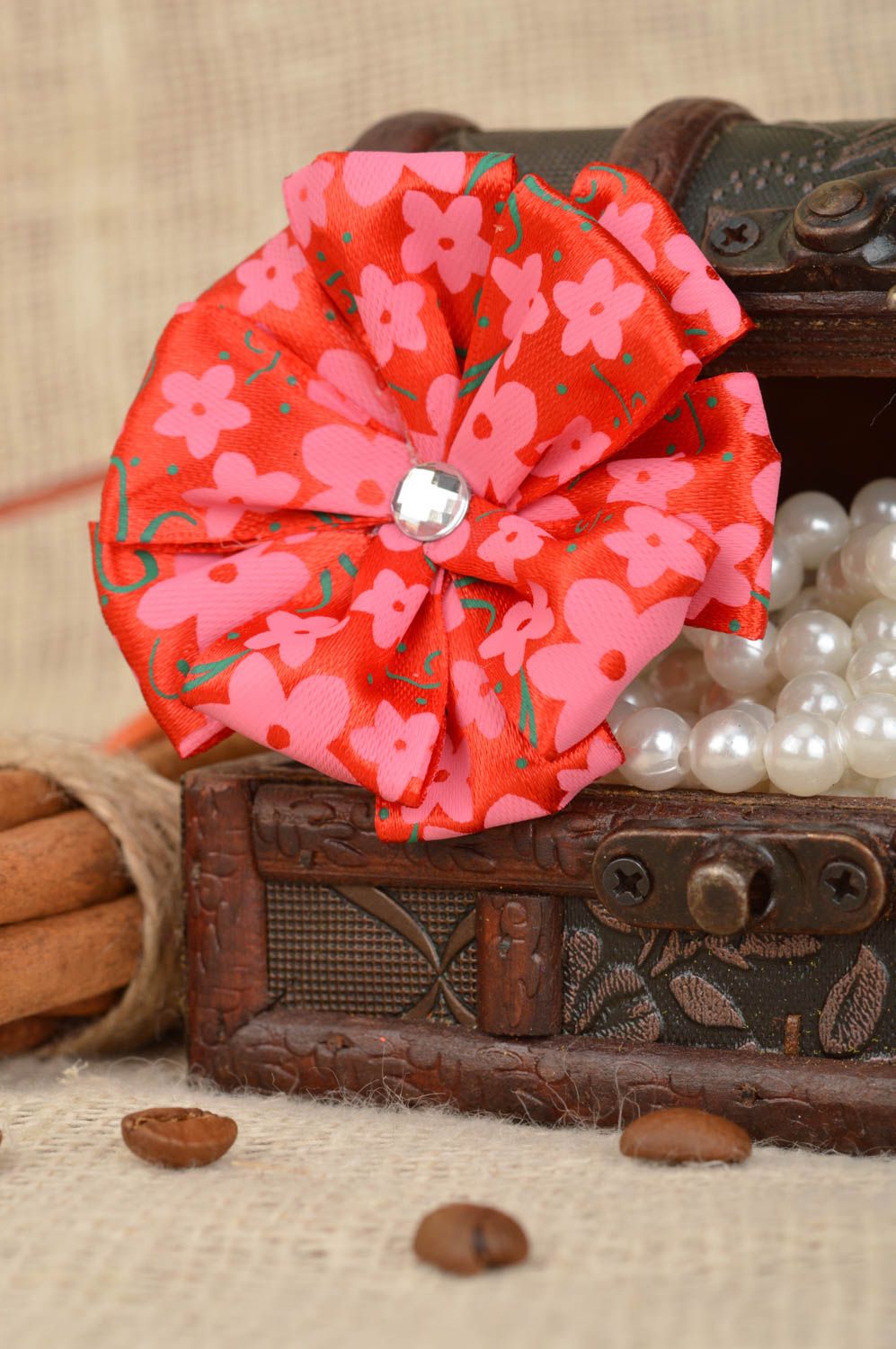 Handmade children's hair tie with red satin ribbon flower with rhinestone photo 1