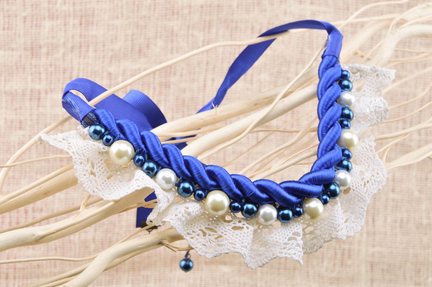 Handmade festive collar necklace with beads and lace in blue and white colors  photo 5