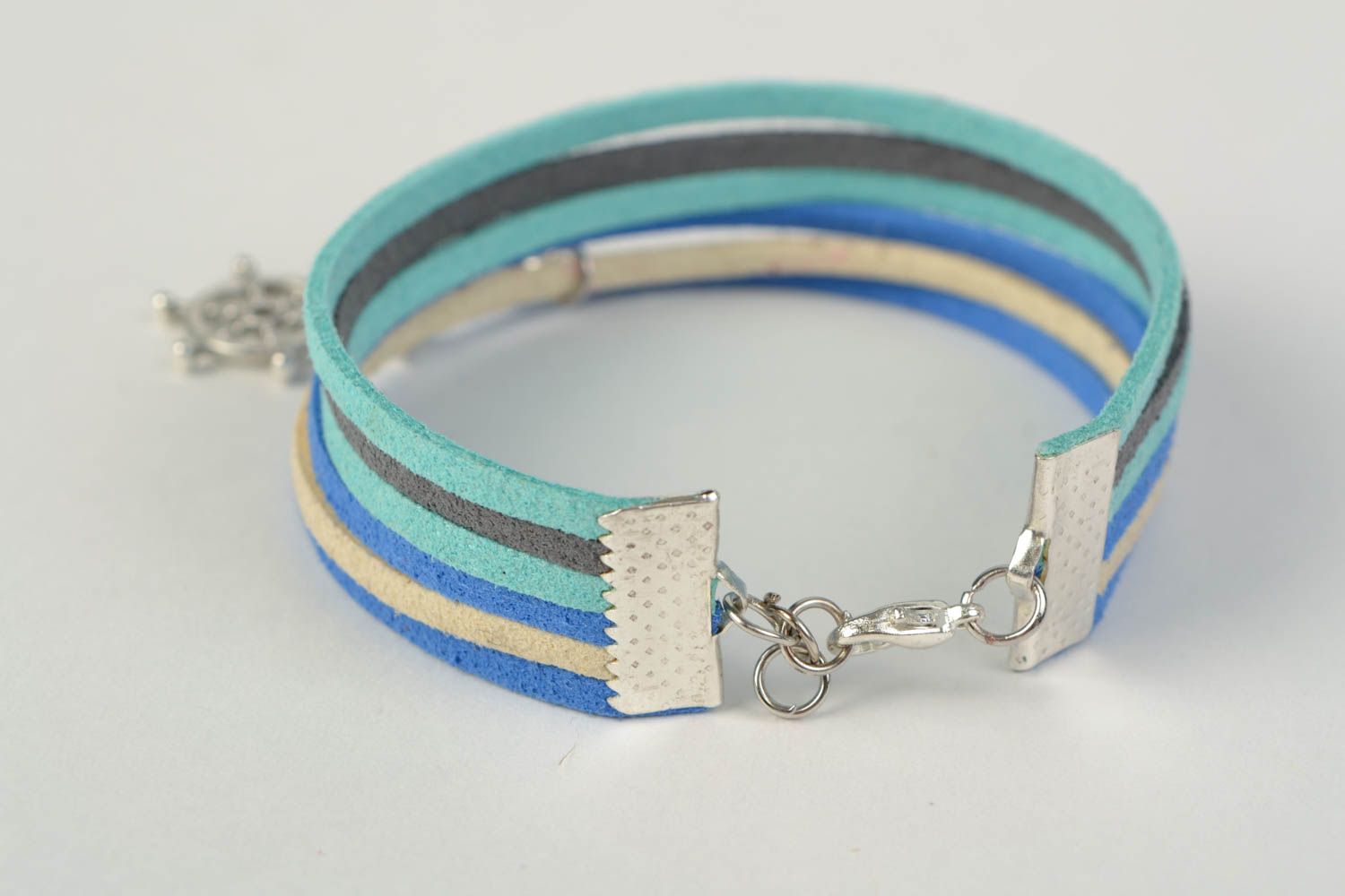 Blue handmade woven suede cord bracelet with charms in marine style photo 4
