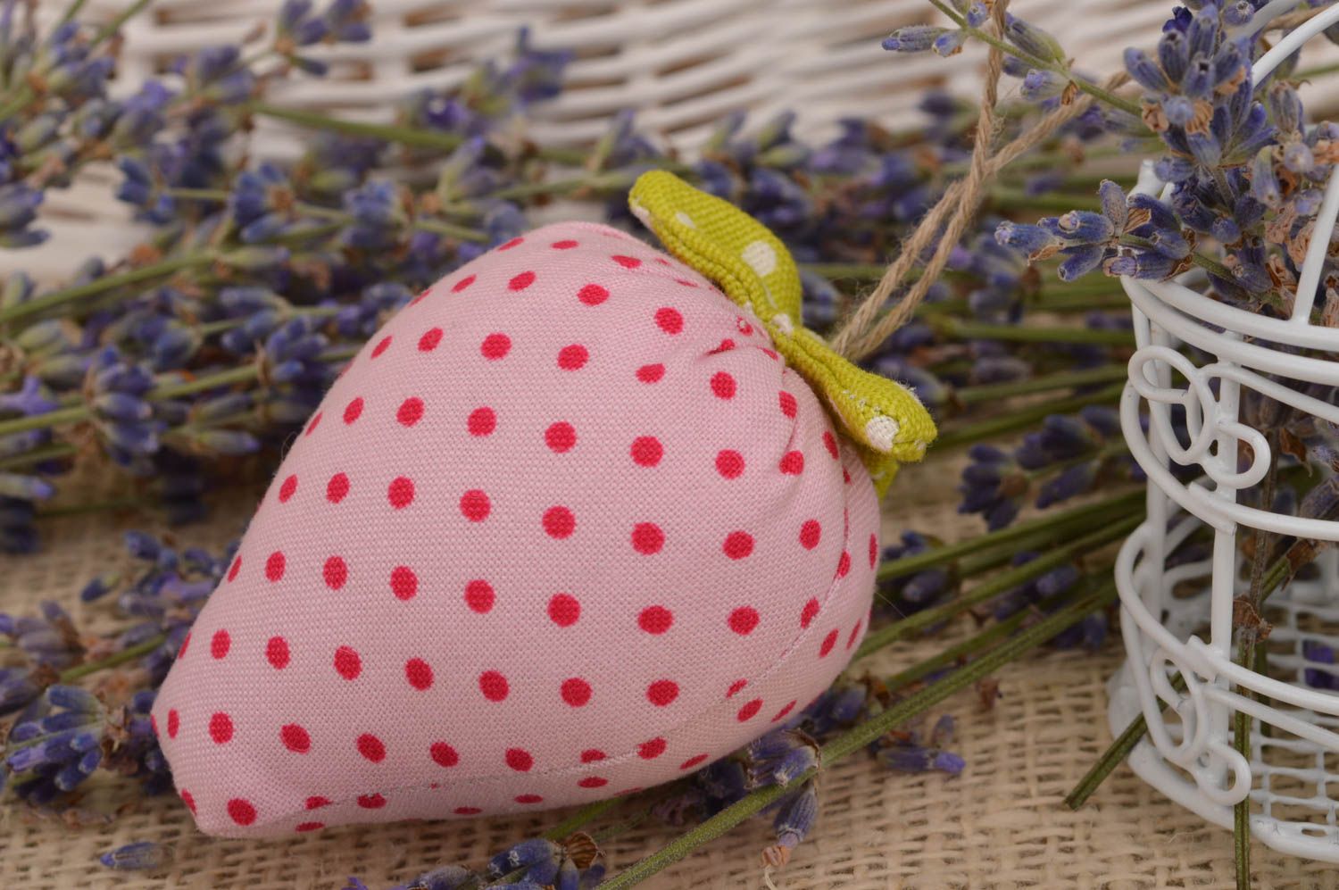 Beautiful pink polka dot fabric soft toy strawberry for interior decor photo 1